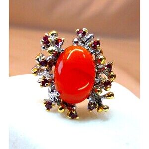 Natural Carnelian Rhodolite Garnet Sterling Silver Gold Ring Size 7